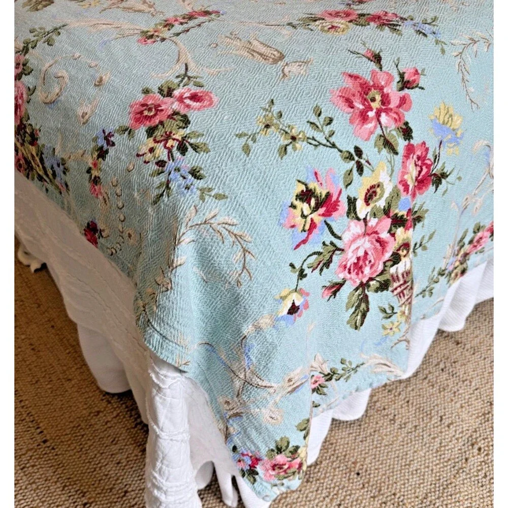 2 Vtg Floral Bedspreads Coverlets TWN Aqua Blue Pink Roses Shabby Cottagecore